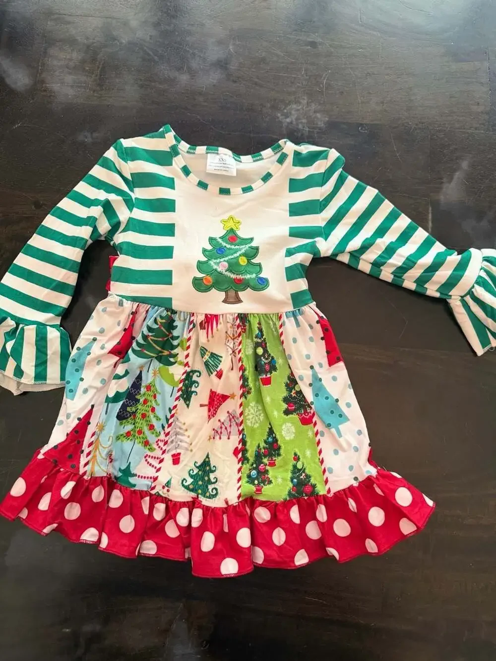 Girls Christmas Tree Patchwork Long Sleeve Ruffle Dress Green Striped Size 18m
